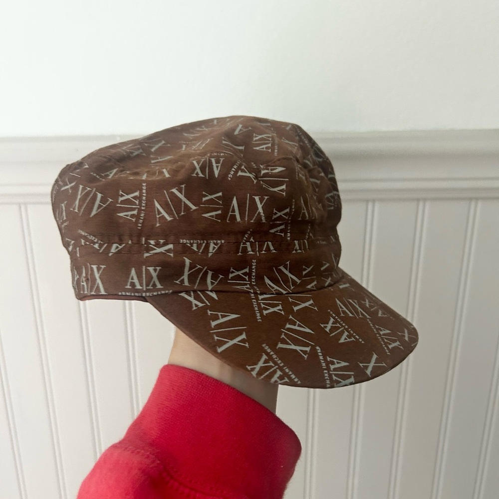 RARE Vintage 90s Giorgio Armani Brown Monogram Logo Military Style Hat